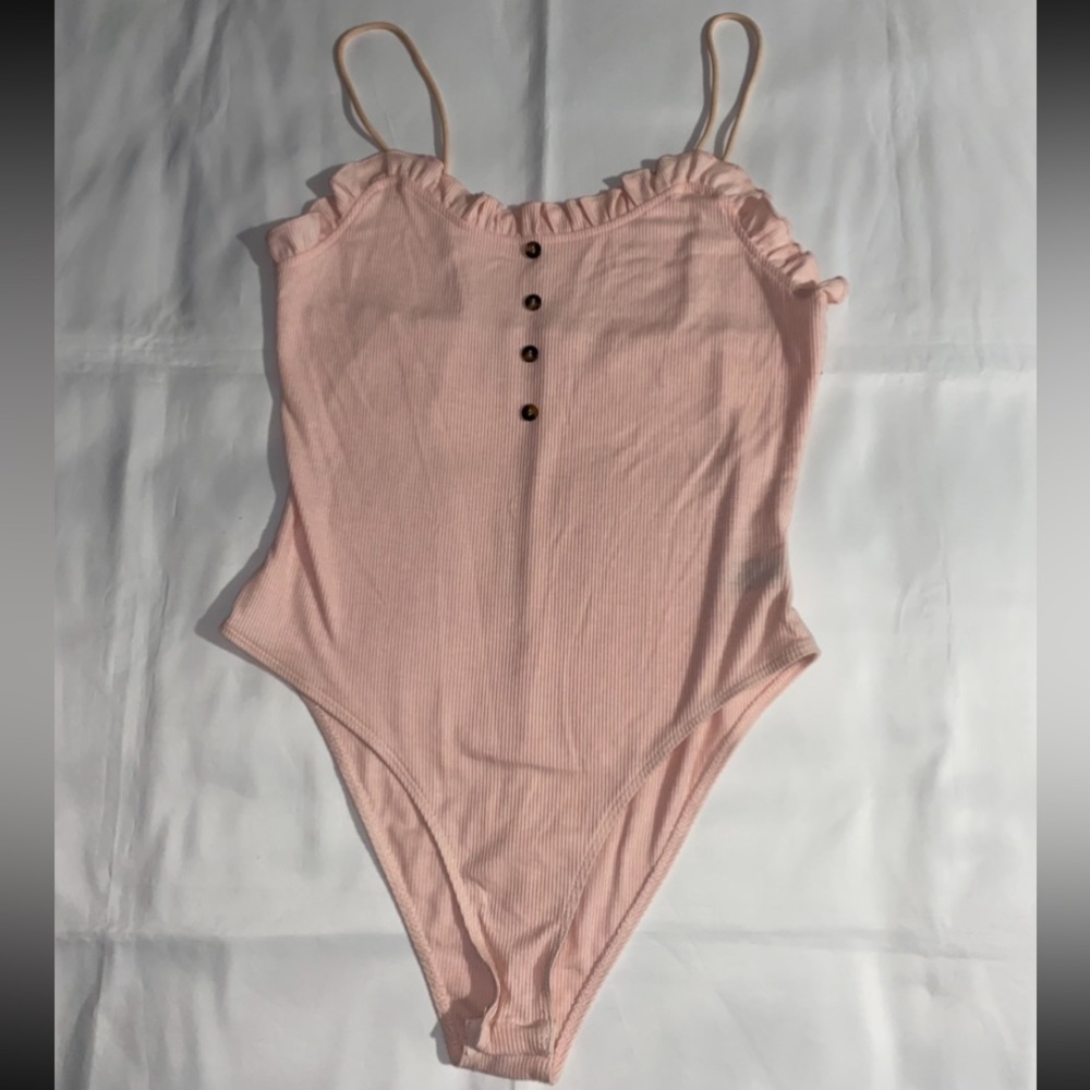 SHEIN Pale Pink Frill Trim Button Front Cami Bodysuit